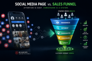 Sales funnel for business showing how social media visitors become leads and paying customers through a structured marketing process.